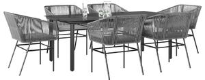7 részes szürke polyrattan üveg kerti étkezőgarnitúra párnával