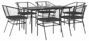 7 részes fekete polyrattan üveg kerti étkezőgarnitúra párnákkal