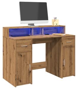 Kézműves tölgy színű szerelt fa LED-es íróasztal 120x55x91 cm