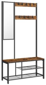 Előszoba fogas polccal, akasztókkal, tükörrel, cipőtartóval és ülőkével, rusztikus barna 98x36x185cm