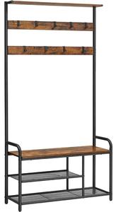 Előszoba fogas polccal, akasztókkal, cipőtartóval és ülőkével, rusztikus barna 85x30x180cm