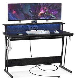Számítógép asztal, gaming asztal, beépített LED fénnyel és elosztóval, fekete, 60x120x76cm