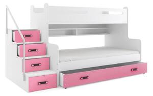XAVER 3 COLOR emeletes ágy + AJÁNDÉK matrac + ágyrács, 120x200 cm, fehér, rózsaszín