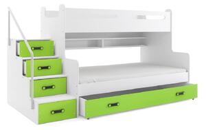 XAVER 3 COLOR emeletes ágy + AJÁNDÉK matrac + ágyrács, 120x200 cm, fehér, zöld