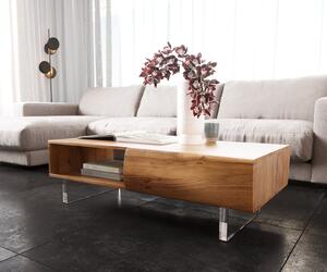 DELIFE Dohányzóasztal New Live-Edge 115x60 cm akác természetes 2 fiók 1 rekesz akril láb