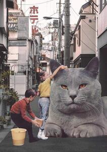 Bodart, Florent - Festmény reprodukció Children washing a giant Cat in Tokyo Streets, (30 x 40 cm)
