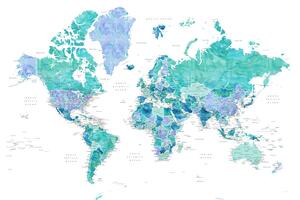 Térkép Aquamarine and blue watercolor detailed world map, Blursbyai