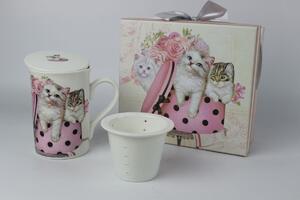 Rózsaszín-fehér csésze szűrővel ajándékdobozban