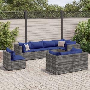 Polyrattan Kerti Ülőgarnitúra - 8 részes - Szürke - Kék Párnákkal