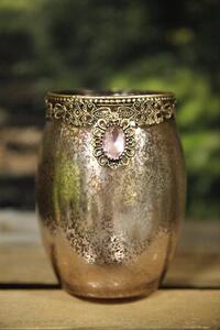 Rózsaszín díszes üveg gyertyatartó 17cm