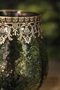 Zöld üveg gyertyatartó arany díszítéssel 18cm