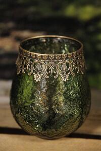 Zöld üveg gyertyatartó arany díszítéssel 18cm