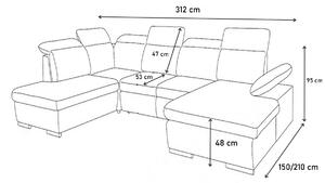 MEDY ágyazható U alakú ülőgarnitúra, 312x95x210/136 cm, sawana 05/soft 017 white, balos