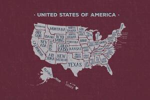 Tapéta az USA oktatási térképe bordó háttéren - 150x100