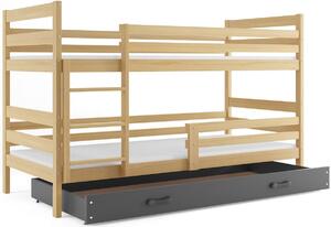 ERYK 2 emeletes ágy + tárhely + ajándék matrac + ágyrács, 80x190 cm, borovifenyő, grafit