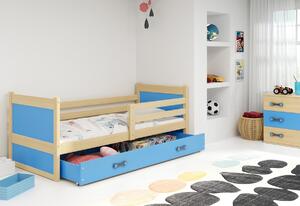 RICO P1 COLOR gyerek ágy, 90x200 cm, tárhely, borovifenyő/égszínkék