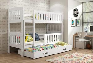 KUBUS 3 emeletes ágy + ajándék matrac + ágyrács, 90x200 cm, borovifenyő, fehér