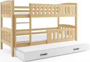 KUBUS 3 emeletes ágy + ajándék matrac + ágyrács, 90x200 cm, borovifenyő, fehér