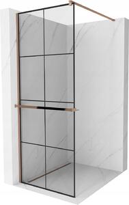 Mexen Kioto +, zuhanyparaván polccal és törölközőtartóval 70 x 200 cm, 8mm átlátszó üvegmintás fekete, rózsa arany profil, 800-070-121-60-77
