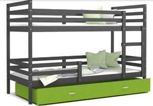 JACEK B 2 COLOR gyerek emeletes ágy + ágyrács + ajándék matrac, 184x80, szürke/zöld