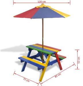 VidaXL színes fa gyerek piknikasztal paddal és napernyővel