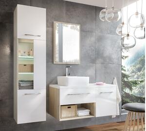 ANTIL S1 fürdőszoba szekrény pulttal és mosdóval, magasfényű fehér/sonoma tölgy