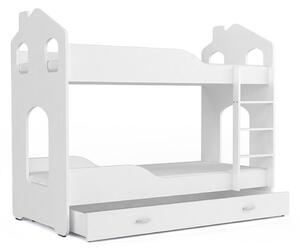 DOMINIK 2 domek gyerek ágy + ajándék matrac + ágyrács, 160x80 cm, fehér/fehér