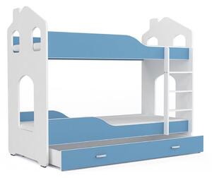 DOMINIK 2 domek gyerek ágy + ajándék matrac + ágyrács, 160x80 cm, fehér/kék