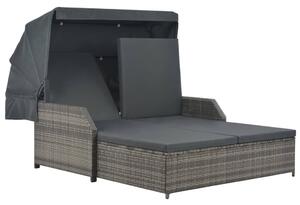 VidaXL szürke kétszemélyes polyrattan napozóágy napellenzővel