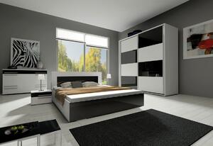 KAYLA II hálószoba összeállítás (2x éjjeliszekrény, komód, szekrény 200, ágy 140x200 cm), fehér/magasfényű lila