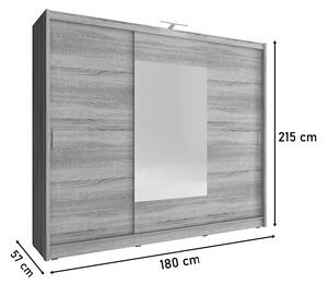 Tolóajtós Ruhás szekrény CARLA VIII tükörrel, 180x215x57, fekete mat