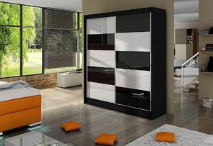 Tolóajtós Ruhás szekrény ANTAX II, 180x215x58, fekete/magasfényű fekete-magasfényű fehér