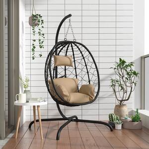 Tópszínű polyrattan és acél függő kagylószék párnával