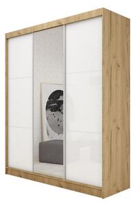 VIVIANA tolóajtós ruhásszekrény tükörrel, sonoma/fehér üveg, 180x216x61