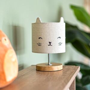 Macskás asztali lámpa, fa talppal, krémszínű - MINOU