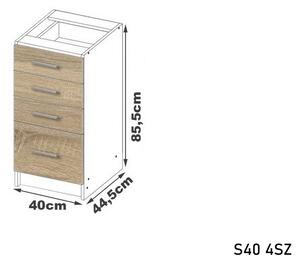 LIMA S40 4SZ alsó konyhaszekrény munkalappal, 40x85,5x46, sonoma/fehér
