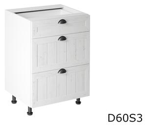LORIENT D60S3 alsó rajzoló széles konyhaszekrény, 60x82x47, fehér/fenyő Andersen