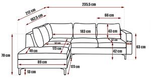 ORLANDO VELVET sarok ülőgarnitúra, 235,5x70x212 cm, tiffany 15, bal