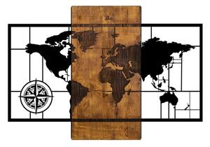 Fém világtérképes fali dekoráció, fa hátlappal, diófa-fekete - DEPART