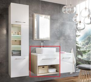 ARUBA II S1 fürdőszoba szekrény pulttal és mosdóval, magasfényű fehér/sonoma tölgy