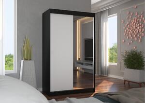 REWENA tolóajtós ruhásszekrény tükörrel, 120x200x58, fekete/fehér