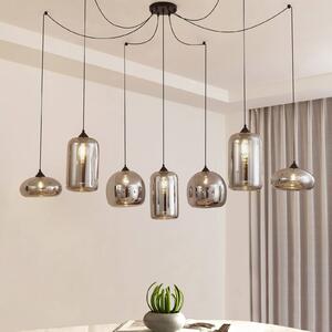 Lindby függőlámpa Marla, 7-light, üveg, füstös szürke, 128cm, dimmelhető, Fekete, Nappali / Étkező, Üveg, Modern