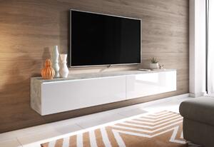 MENDES D 180 TV asztal, 180x30x32, beton/fehér fényes + LED