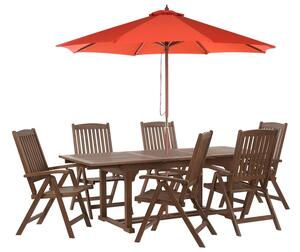 Hatszemélyes akácfa étkezőgarnitúra piros napernyővel AMANTEA