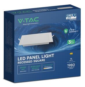 V-TAC CREE SMD süllyeszthető, műanyag IP20, négyzet LED panel 18W, CCT - SKU 104866