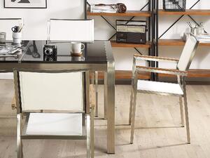 Hatszemélyes szürke gránit osztott asztallapú étkezőasztal fehér textilén székekkel GROSSETO