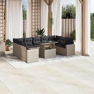 10 részes világosszürke polyrattan kerti ülőgarnitúra párnákkal