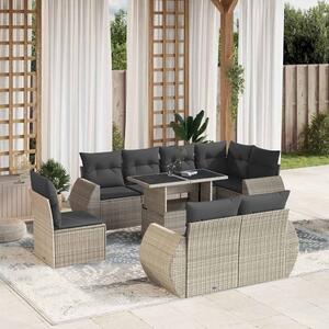 9 részes világosszürke polyrattan kerti ülőgarnitúra párnával