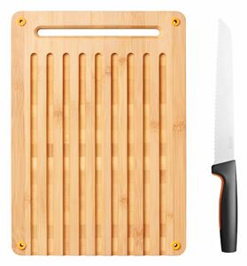 Funkcionális forma Fiskars bambusz vágódeszka és kenyérvágó kés készlet 2 db