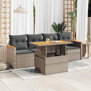 5 részes szürke polyrattan akácfa kerti ülőgarnitúra párnákkal